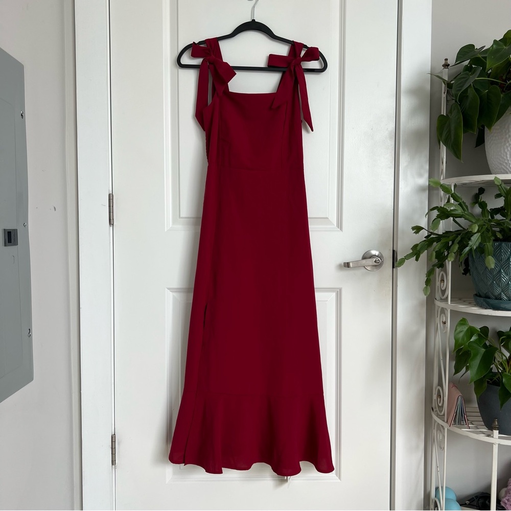 Red Midi Dress with Slit & Tie Straps | NWT | Size M